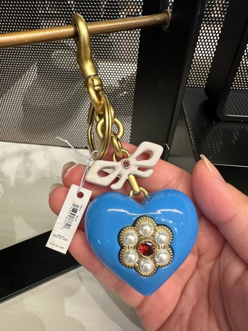 NWT Coach CBN12 Resin Heart Bag Charm Keychain Crystal Glass Pearl In Brass/Blue